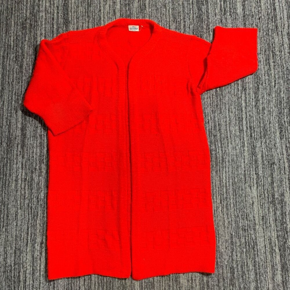 Vintage 80s Women's XL Bright Red Knit 100% Wool Orlon Weaved Cardigan sweater